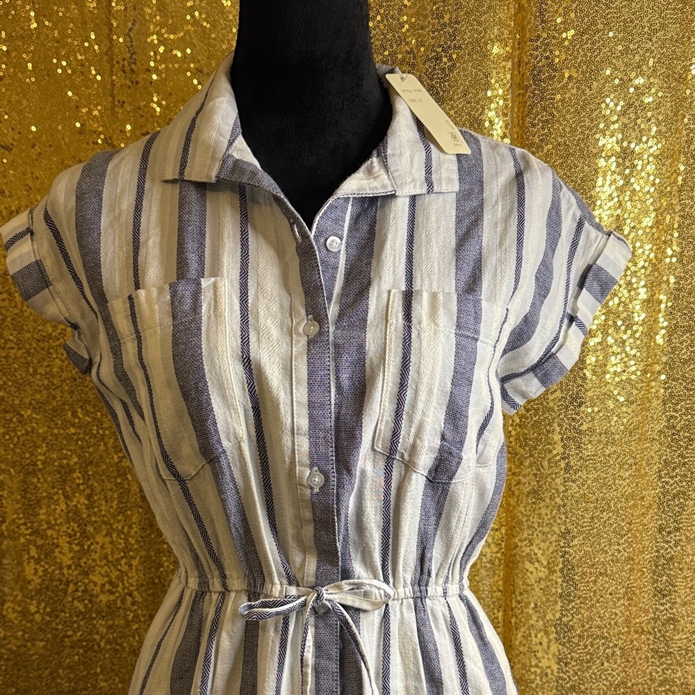 Japna Blue-White Striped Dress button front closure and cinched waist with tie - Picture 2 of 11